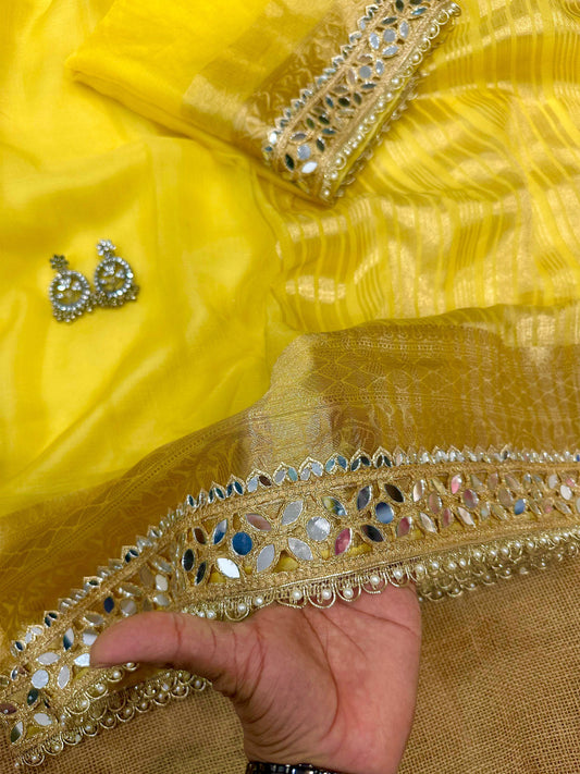 New Trending Designer Original Mirror Work Lace Border Soft Organza Saree