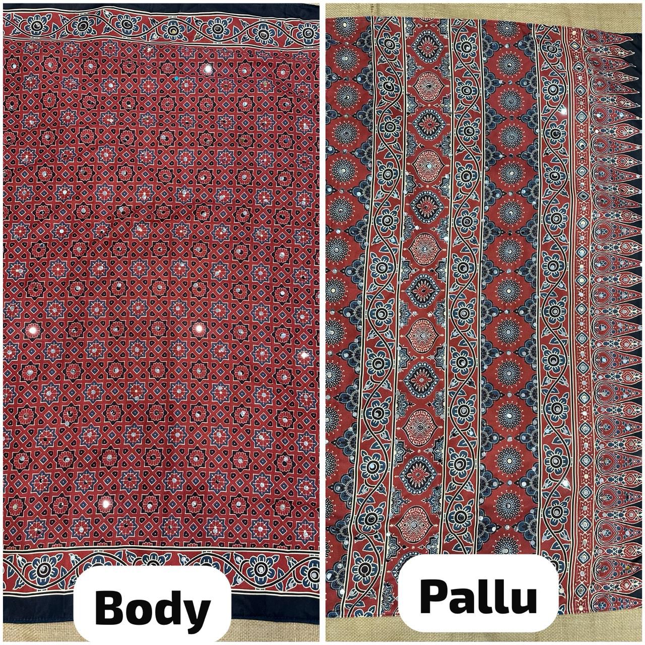 Designer Ajrak Printed Silk Saree with Mirror Handwork