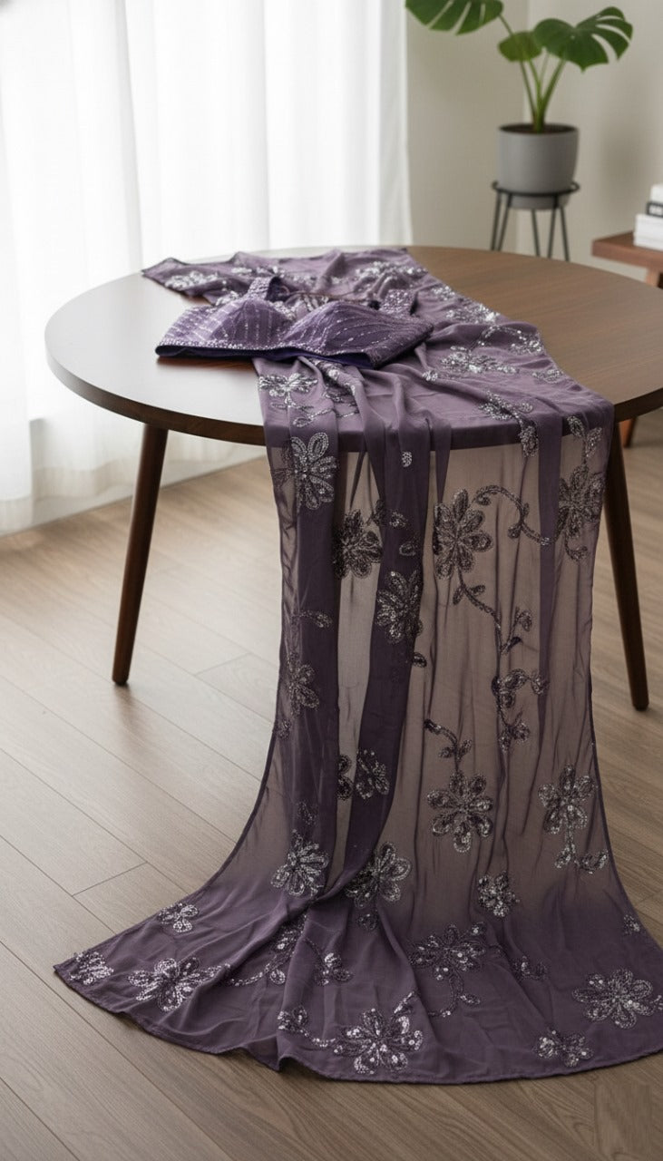 Purple Ragoli Silk Thread Sequence Saree