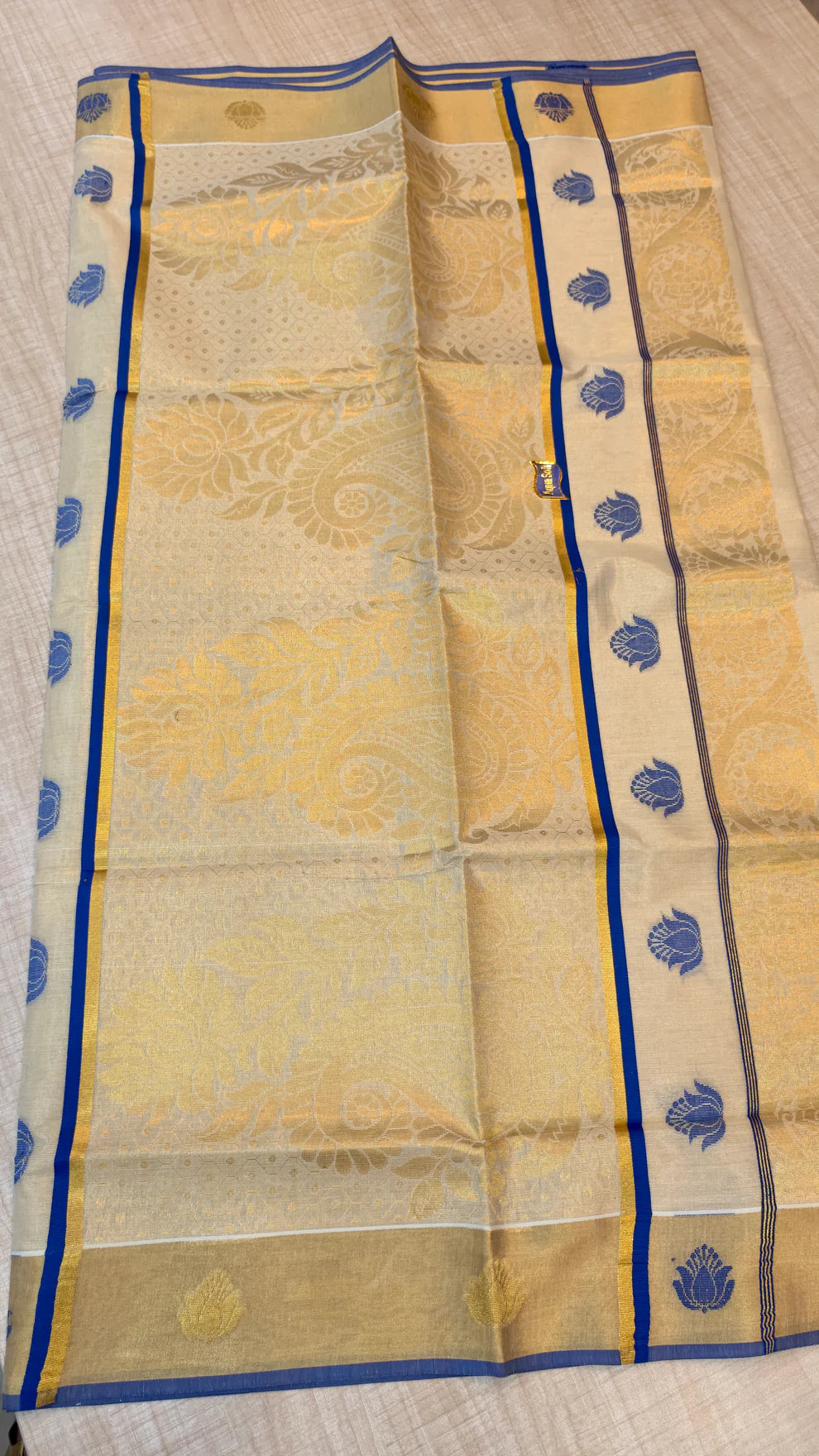 Blue Motif Kerala Tissue Saree