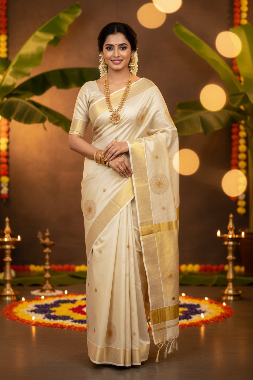Gold Sun Flower Tissue Saree