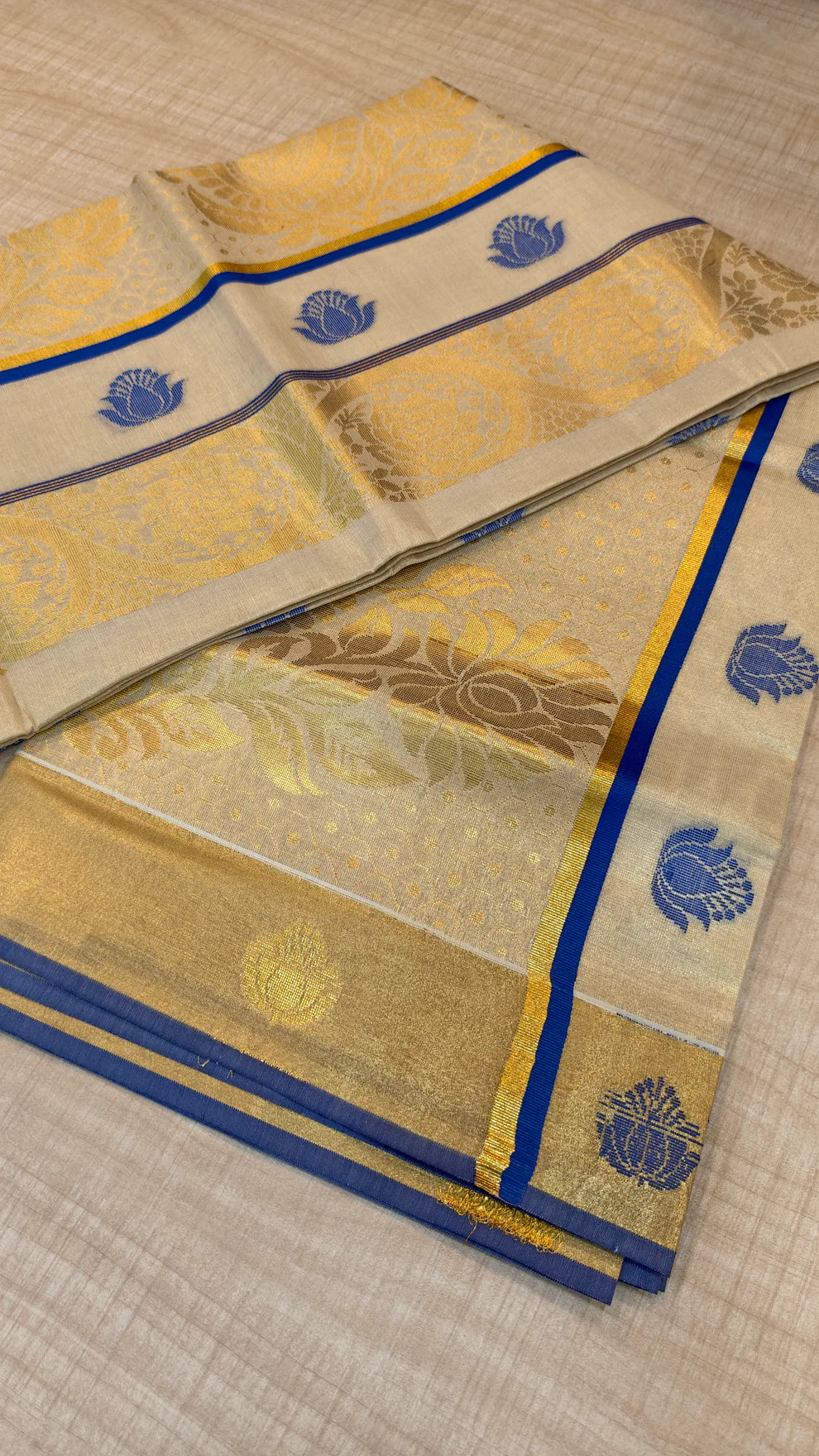 Blue Motif Kerala Tissue Saree