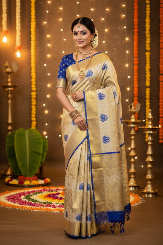 Blue Motif Kerala Tissue Saree