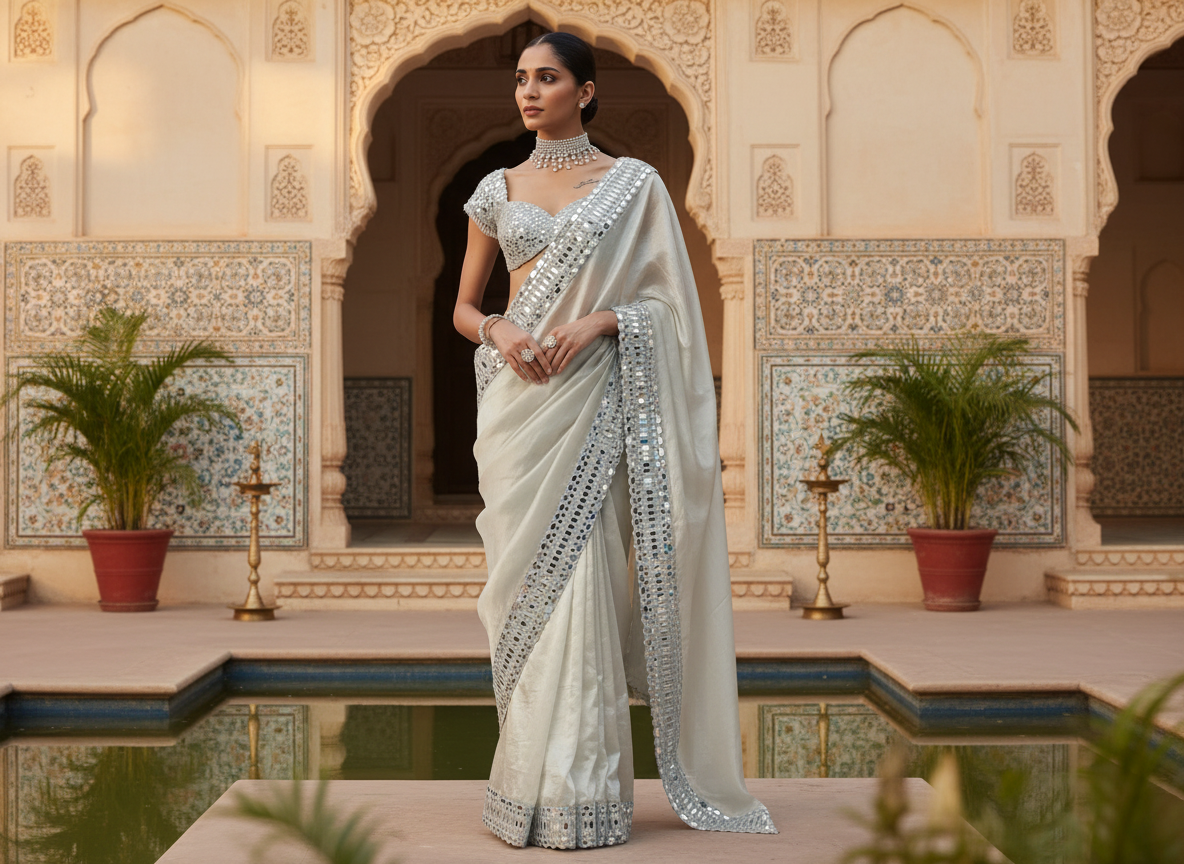 One-of-a-Kind Mirror Work Satin Organza Saree