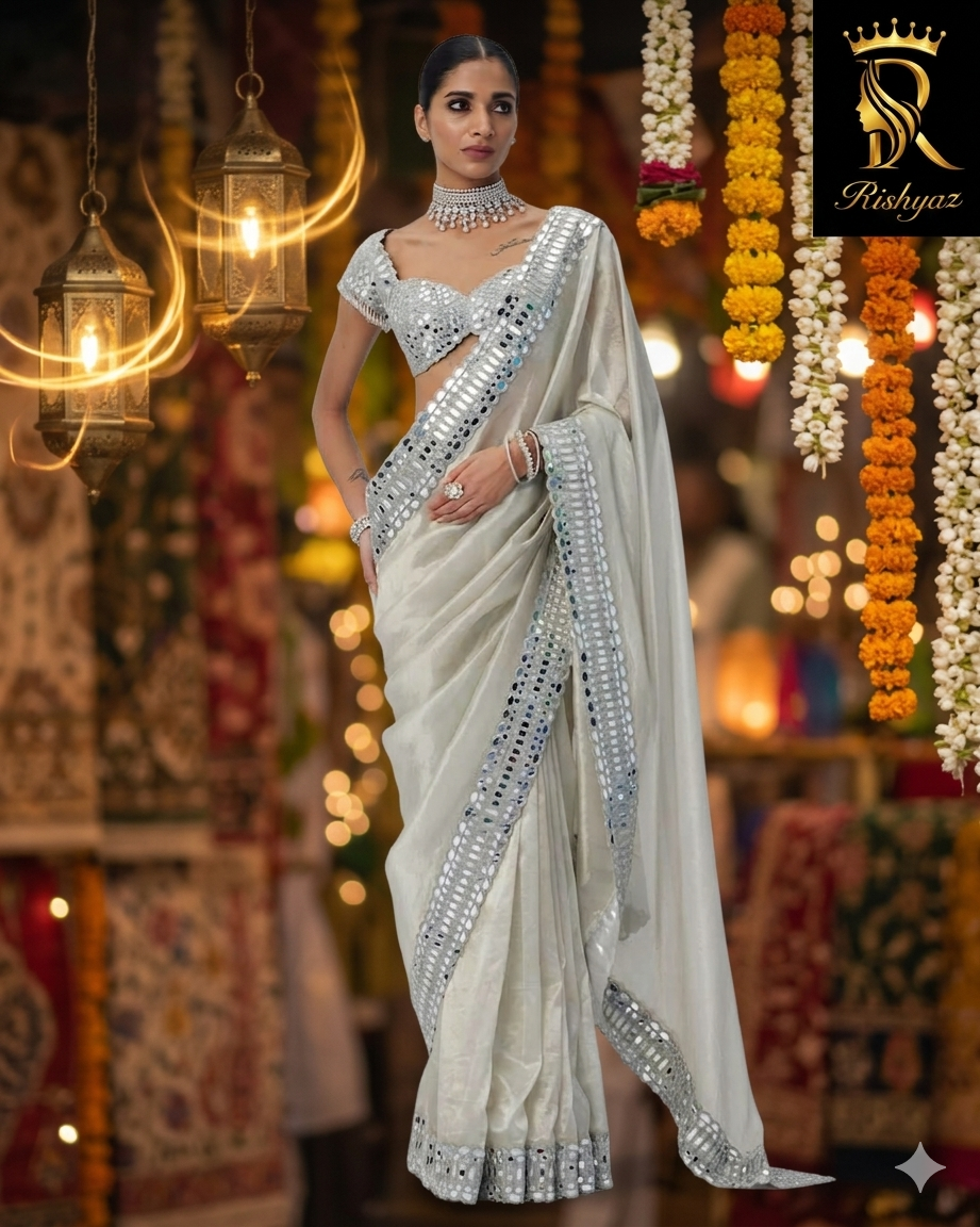One-of-a-Kind Mirror Work Satin Organza Saree