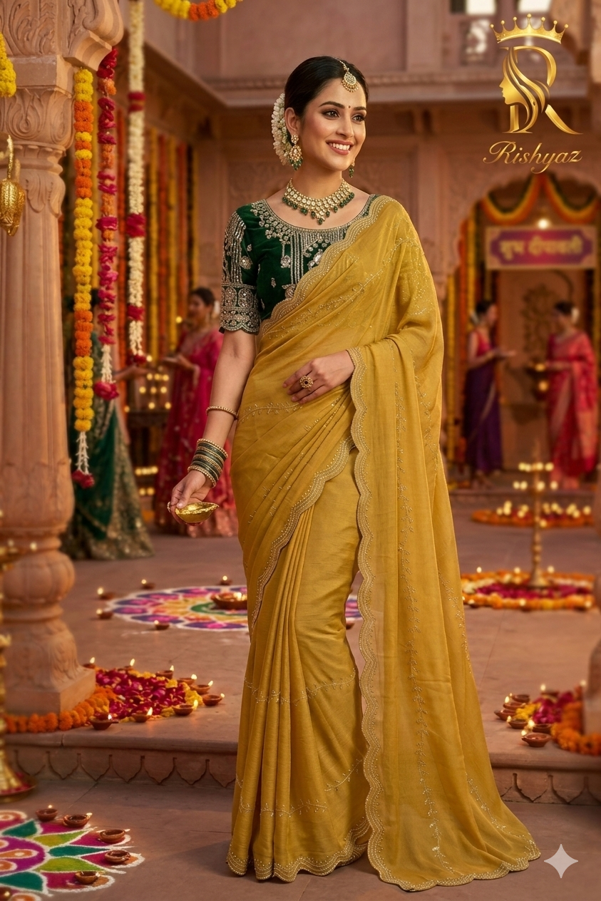Satin Chiffon Lehariya Diamond Work Saree