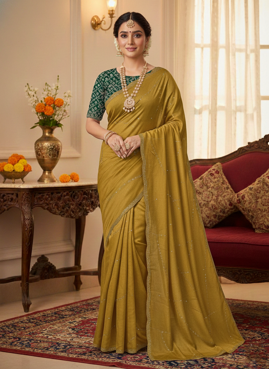 Satin Chiffon Lehariya Diamond Work Saree