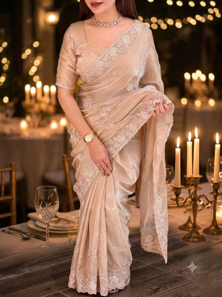 Graceful Dusty Beige Partywear Saree