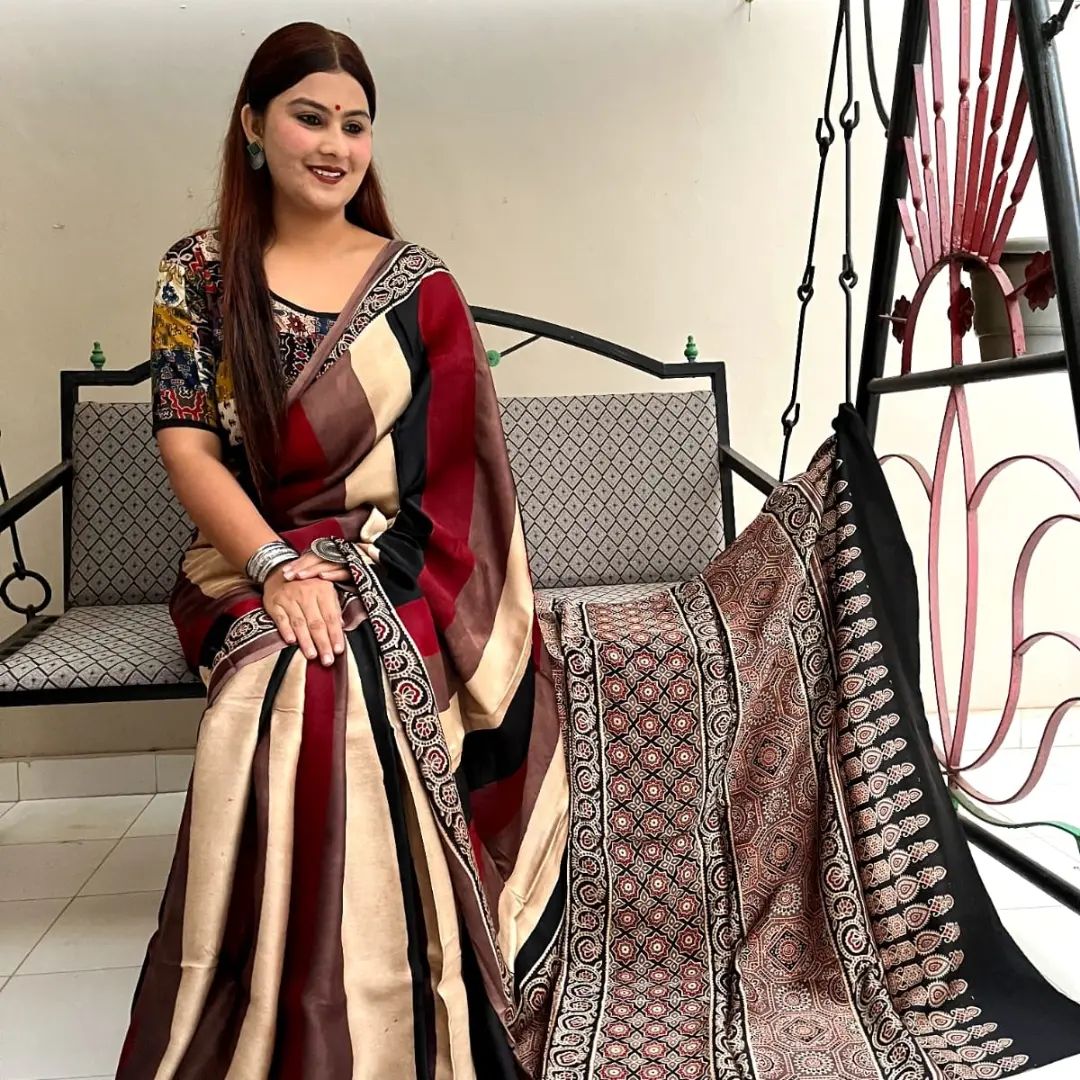 New Ajrakh Stripped  Saree