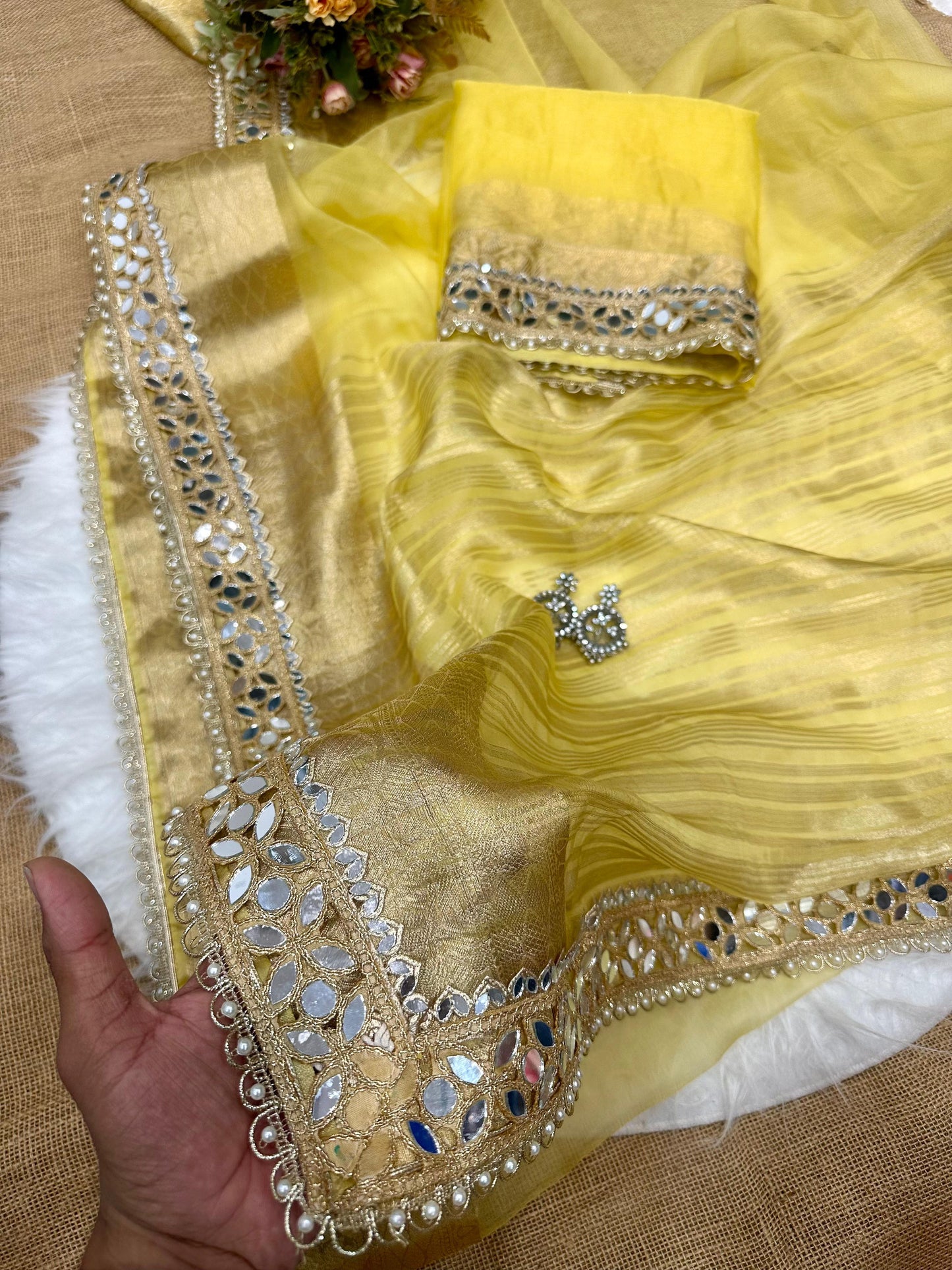 New Trending Designer Original Mirror Work Lace Border Soft Organza Saree