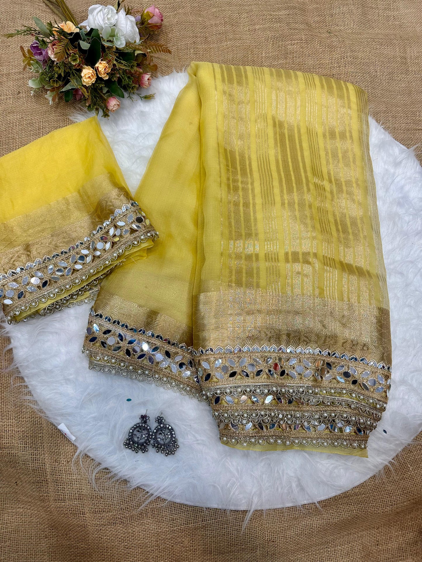 New Trending Designer Original Mirror Work Lace Border Soft Organza Saree