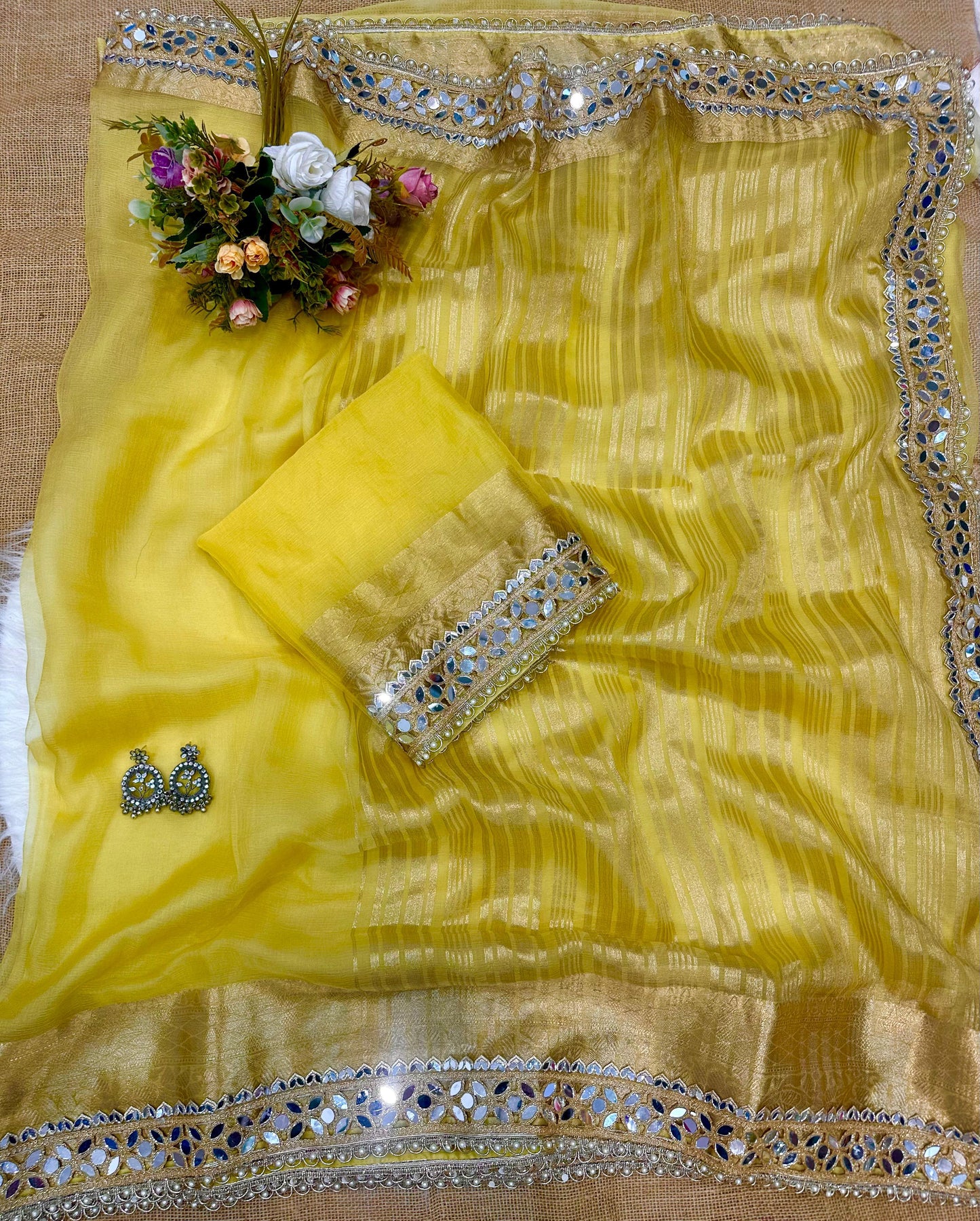 New Trending Designer Original Mirror Work Lace Border Soft Organza Saree