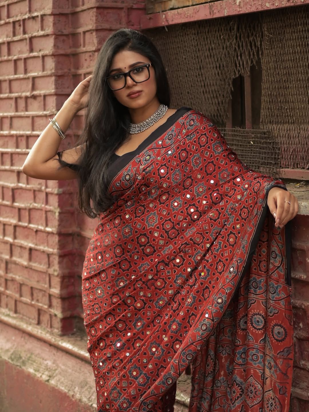 Designer Ajrak Printed Silk Saree with Mirror Handwork