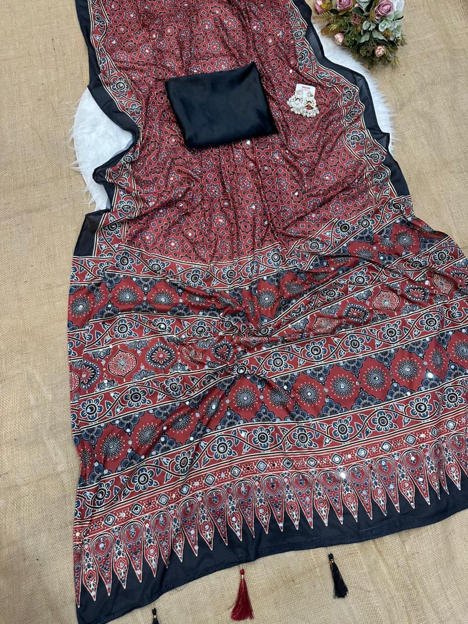 Designer Ajrak Printed Silk Saree with Mirror Handwork