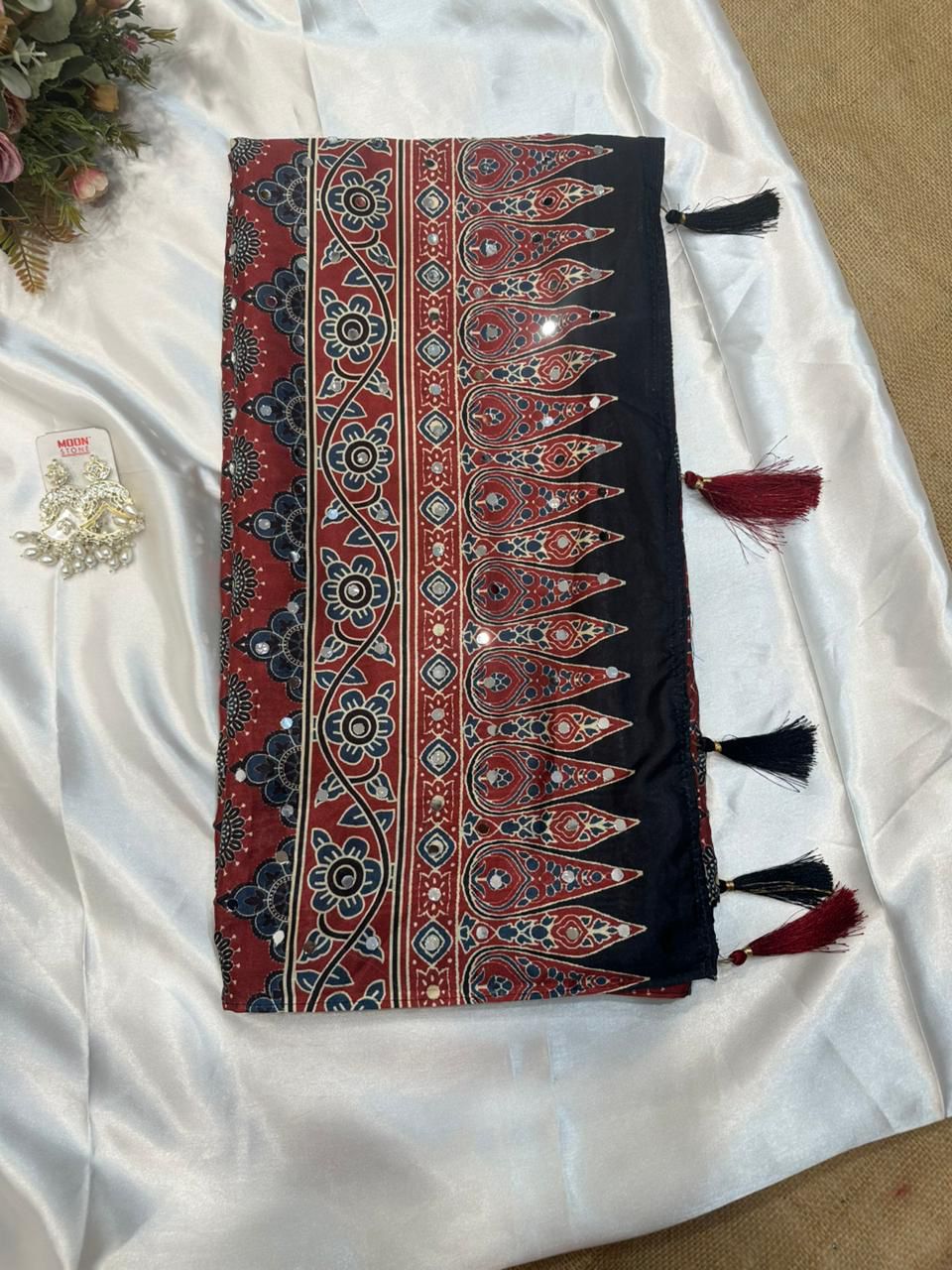 Designer Ajrak Printed Silk Saree with Mirror Handwork