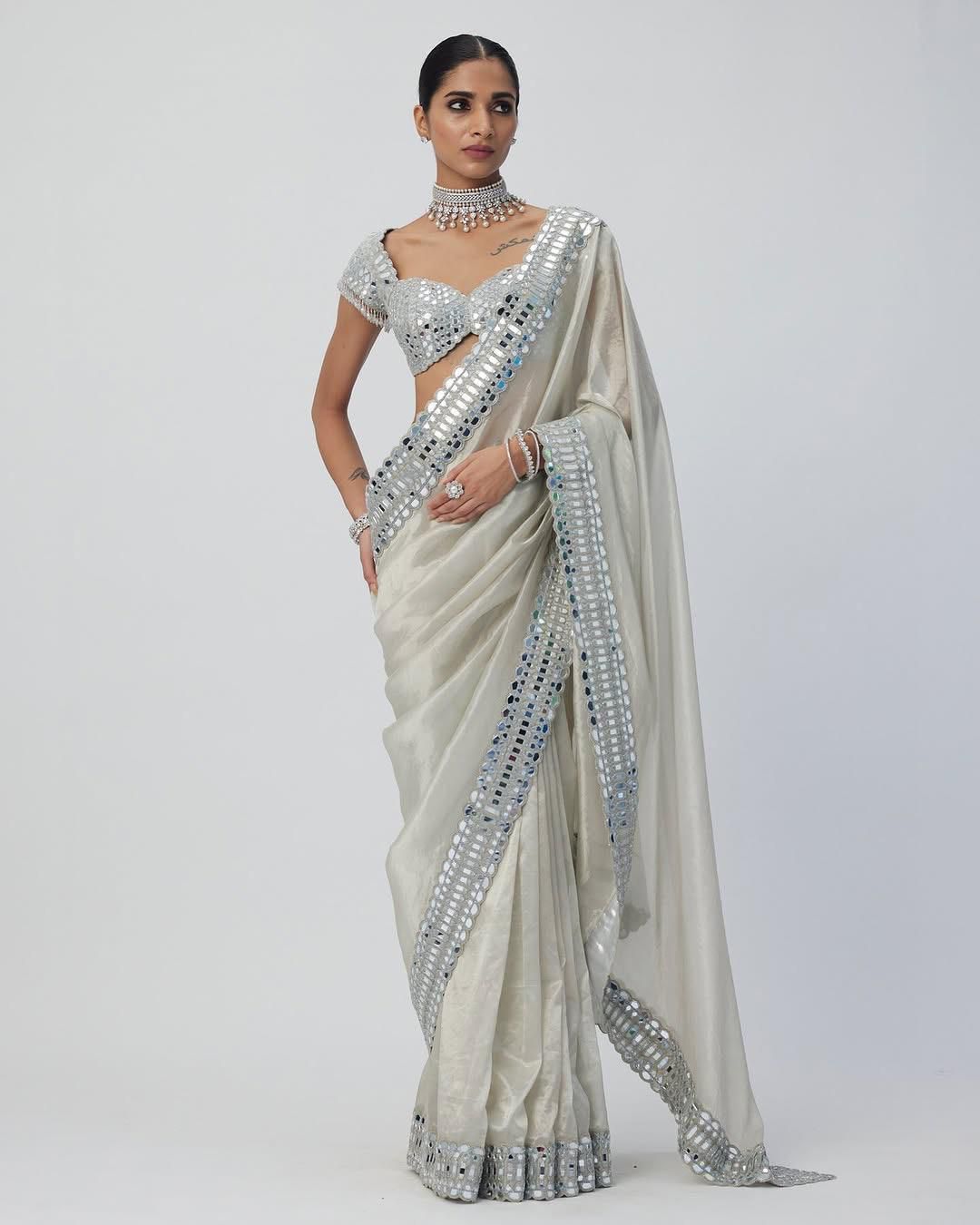 One-of-a-Kind Mirror Work Satin Organza Saree