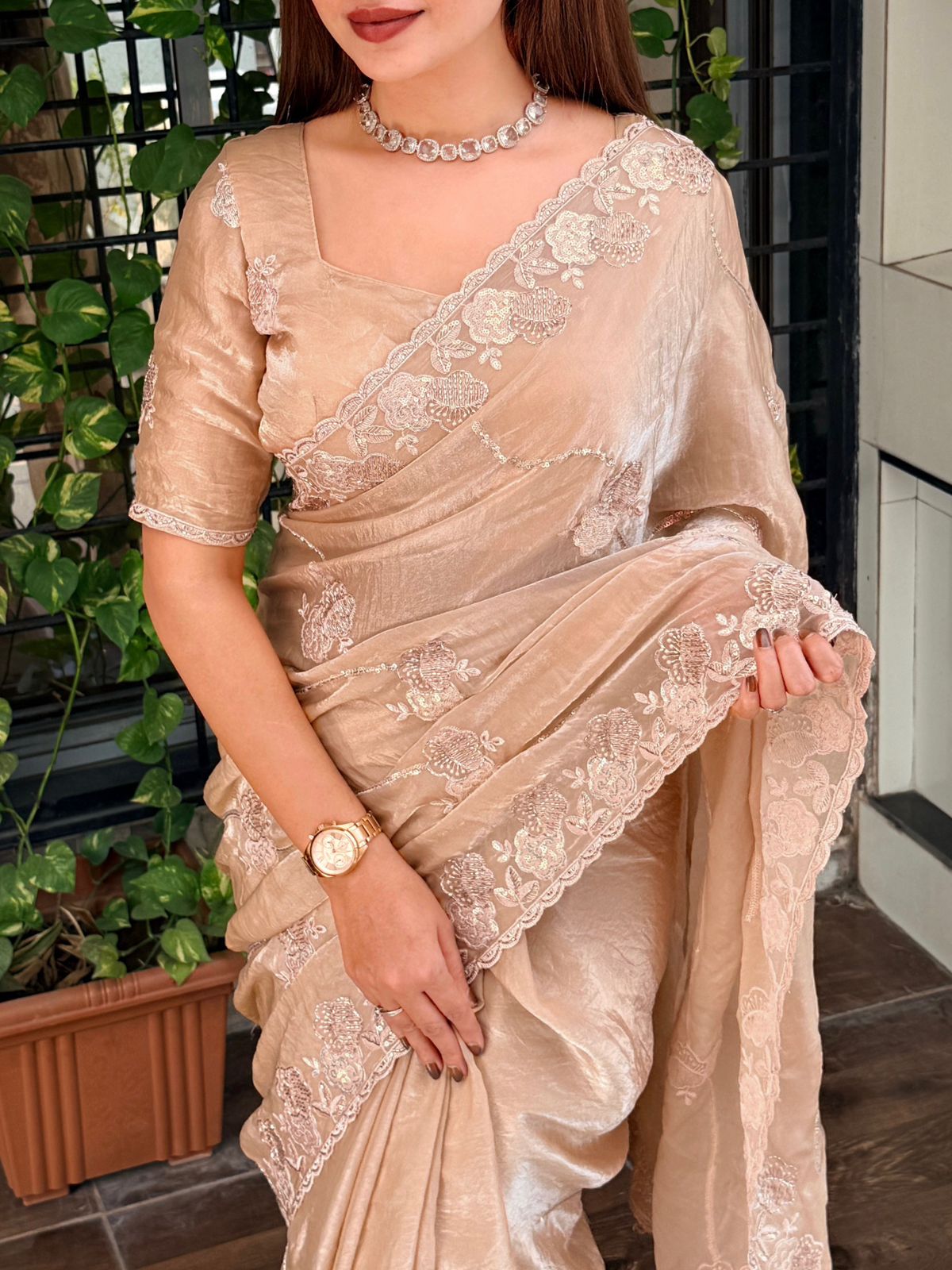 Graceful Dusty Beige Partywear Saree
