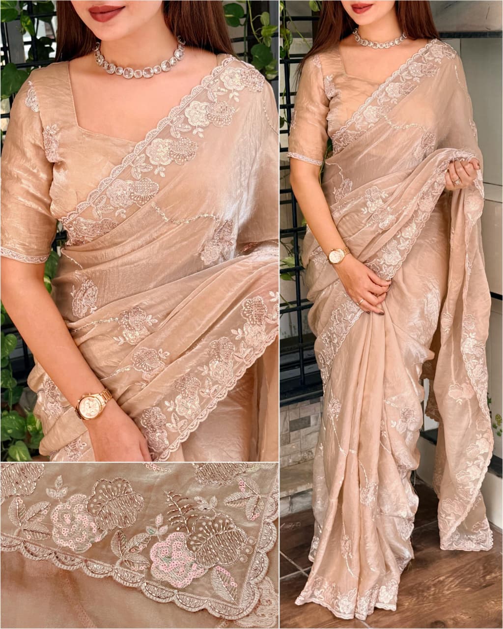 Graceful Dusty Beige Partywear Saree