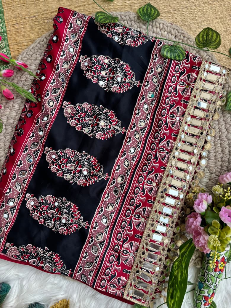 Mayra Semi Modal Silk Ajrakh Mirror Work Saree