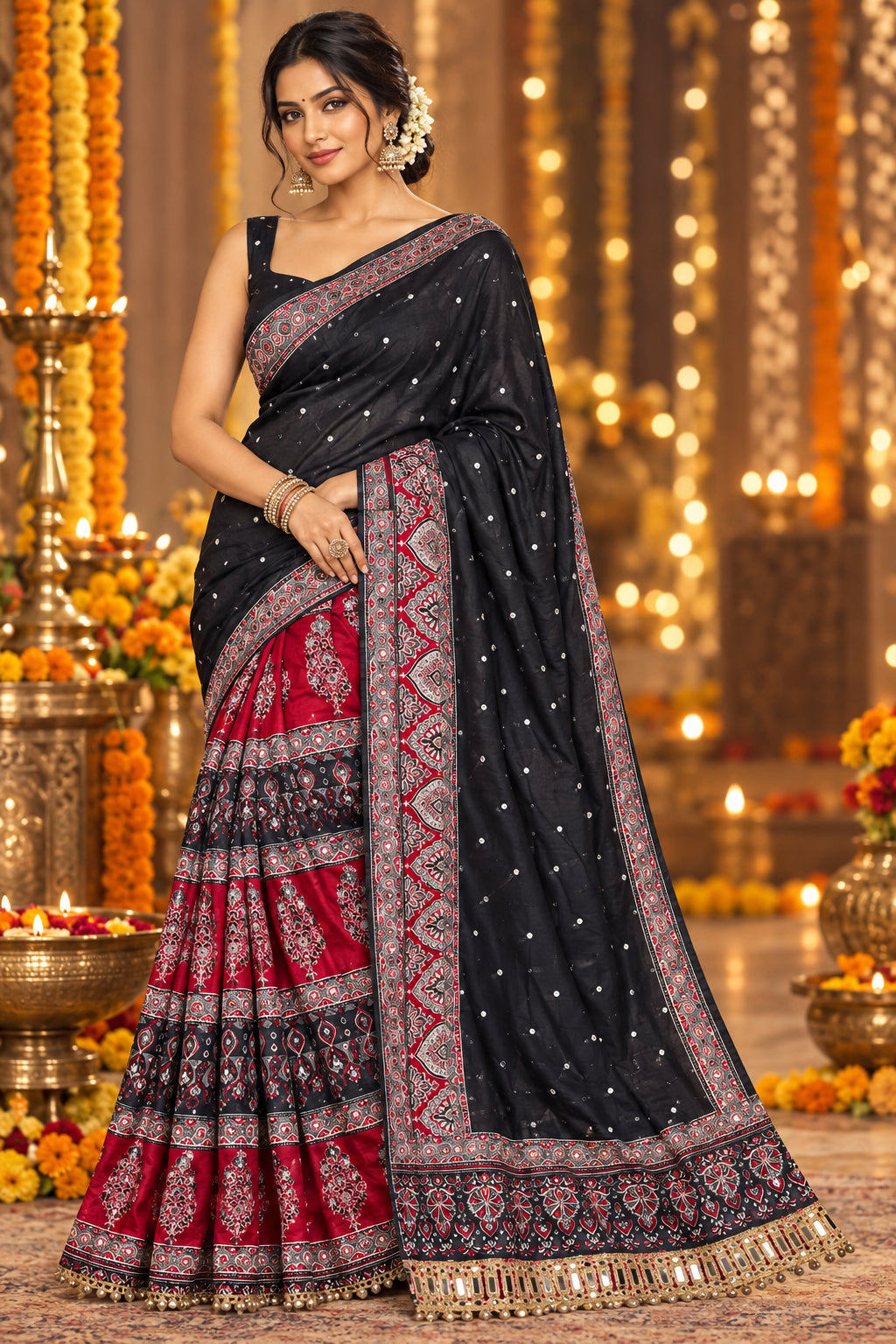 Mayra Semi Modal Silk Ajrakh Mirror Work Saree