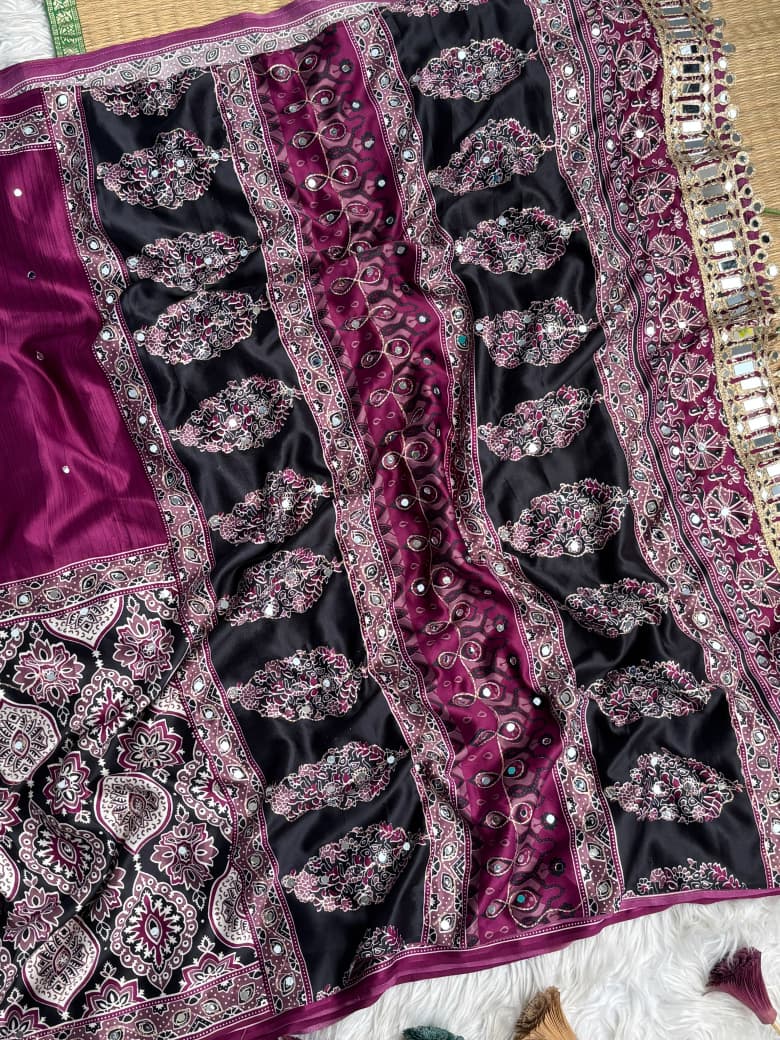 Mayra Semi Modal Silk Ajrakh Mirror Work Saree