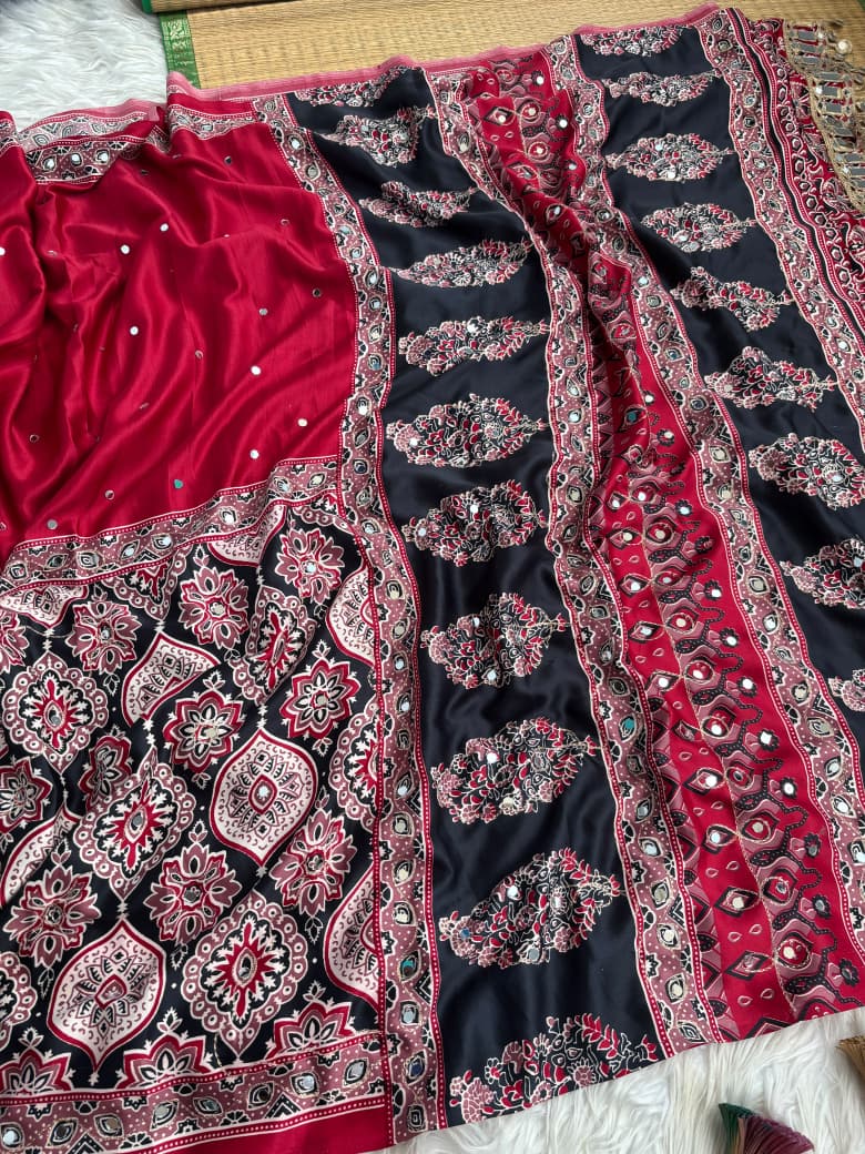 Mayra Semi Modal Silk Ajrakh Mirror Work Saree