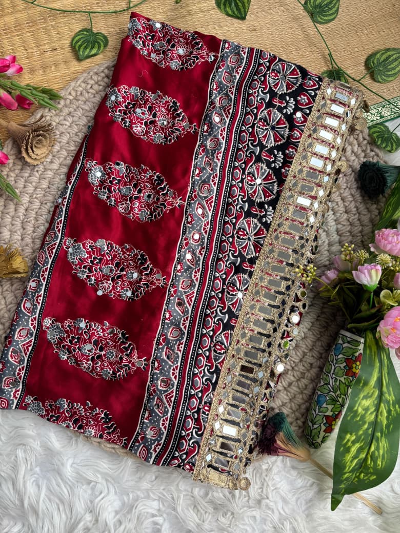 Mayra Semi Modal Silk Ajrakh Mirror Work Saree