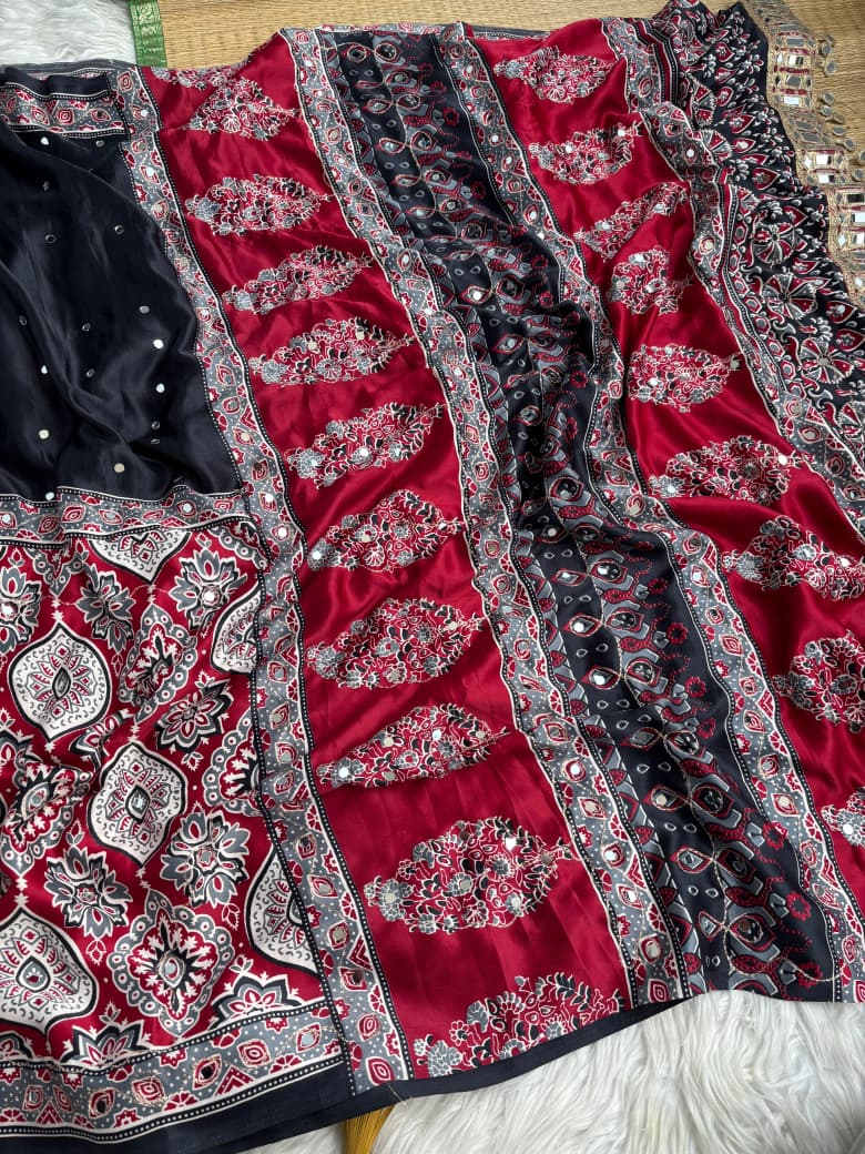 Mayra Semi Modal Silk Ajrakh Mirror Work Saree