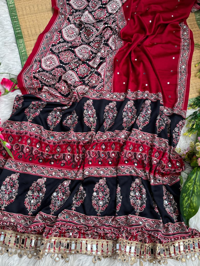 Mayra Semi Modal Silk Ajrakh Mirror Work Saree