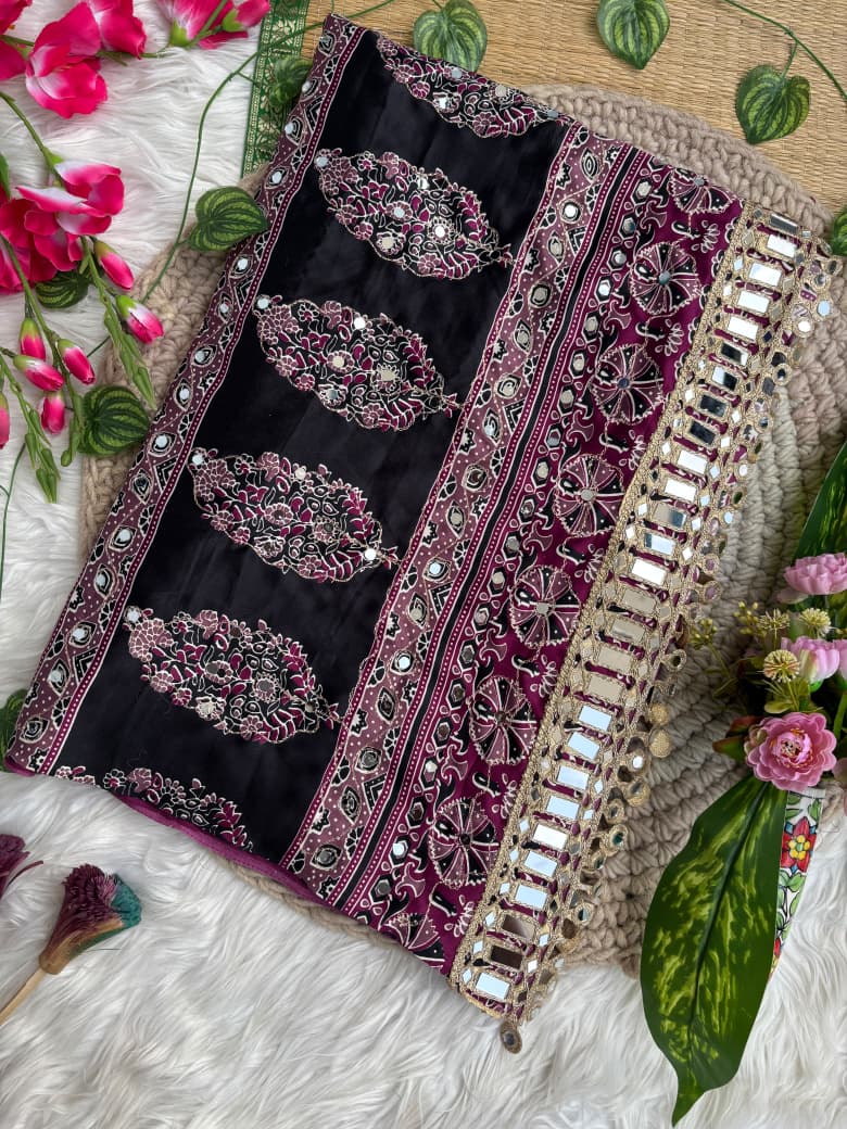 Mayra Semi Modal Silk Ajrakh Mirror Work Saree