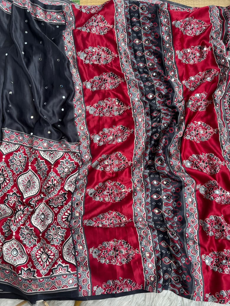 Mayra Semi Modal Silk Ajrakh Mirror Work Saree