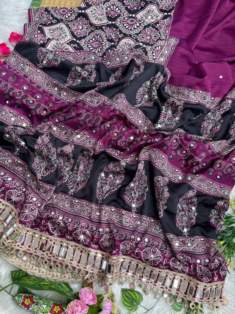 Mayra Semi Modal Silk Ajrakh Mirror Work Saree
