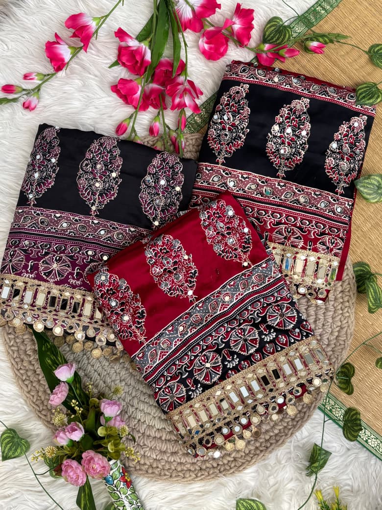 Mayra Semi Modal Silk Ajrakh Mirror Work Saree