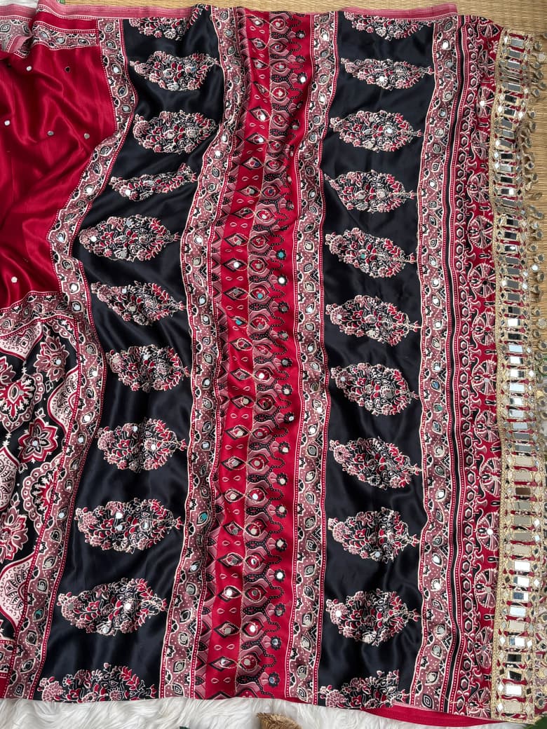 Mayra Semi Modal Silk Ajrakh Mirror Work Saree