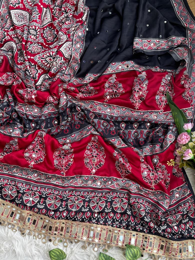 Mayra Semi Modal Silk Ajrakh Mirror Work Saree