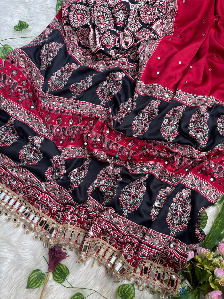 Mayra Semi Modal Silk Ajrakh Mirror Work Saree
