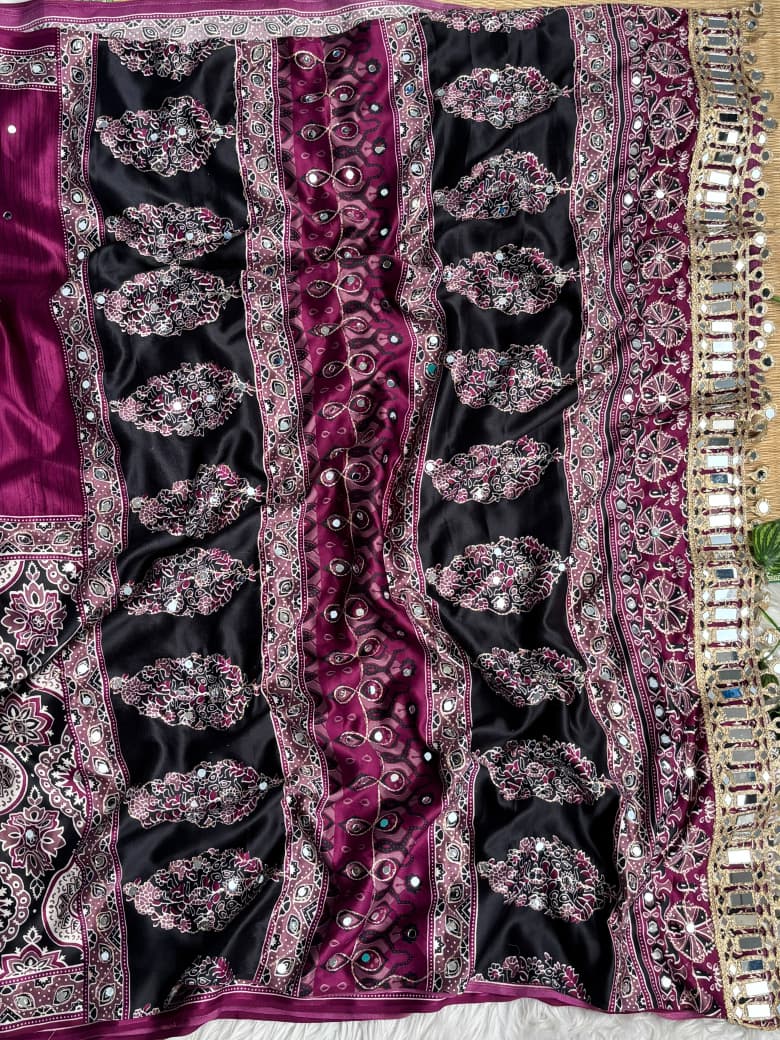 Mayra Semi Modal Silk Ajrakh Mirror Work Saree