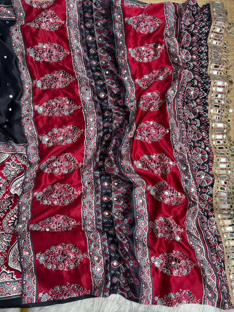 Mayra Semi Modal Silk Ajrakh Mirror Work Saree