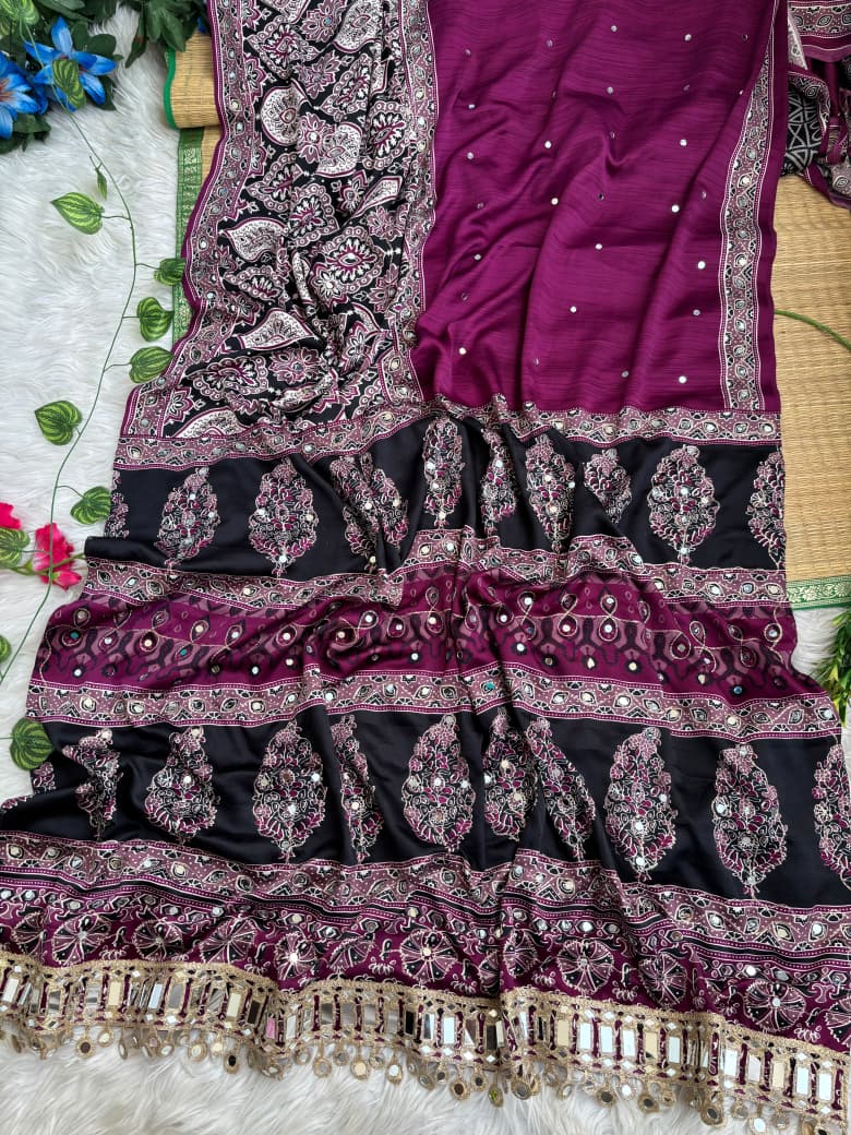 Mayra Semi Modal Silk Ajrakh Mirror Work Saree
