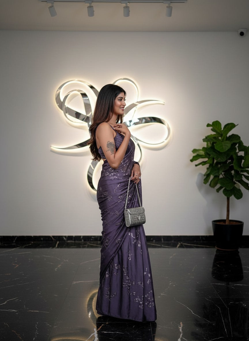 Purple Ragoli Silk Thread Sequence Saree