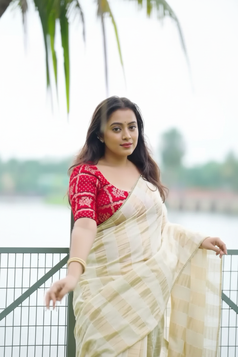 Ivory White Chanderi Saree - Model Shot