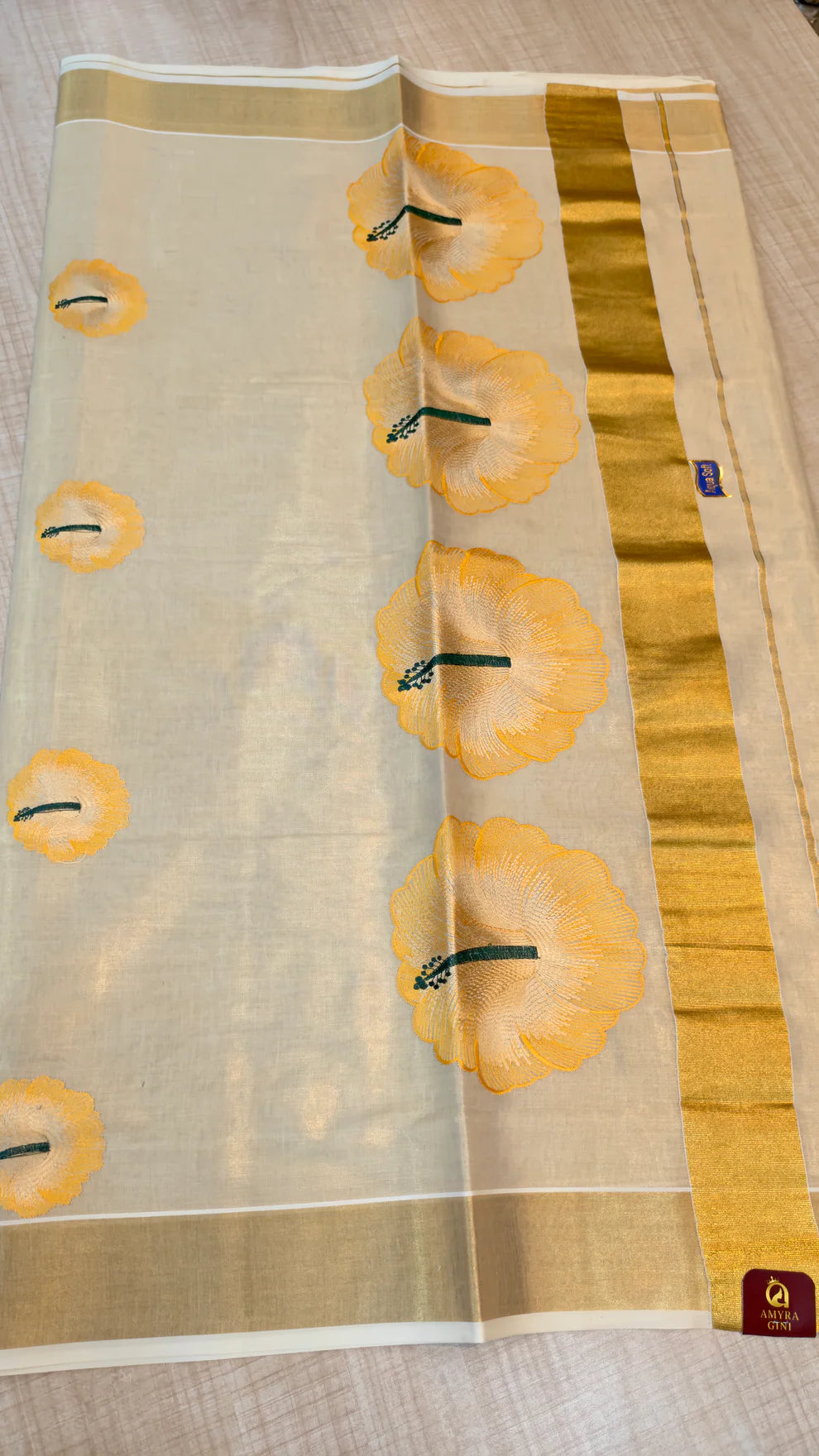 Gold Hibiscus Tissue Saree