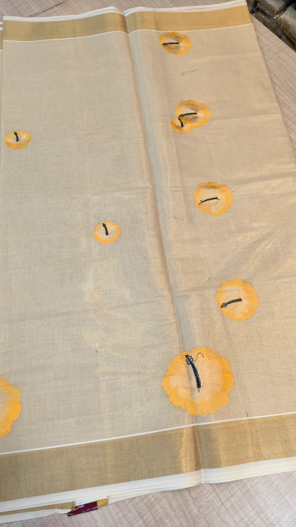 Gold Hibiscus Tissue Saree