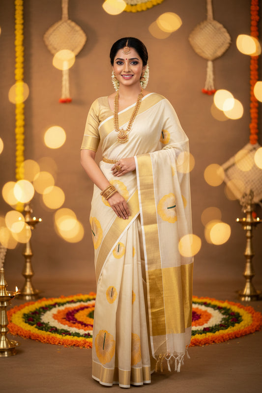 Gold Hibiscus Tissue Saree